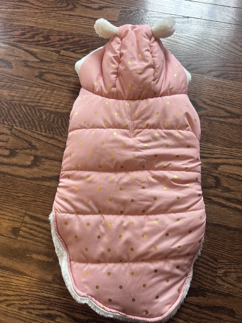 Rachel Zoe Pink Gold Polka Dot Faux Fur Dog Coat Hooded Pet Vest Medium